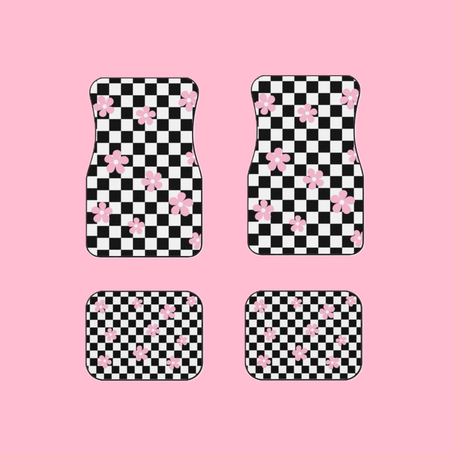 Pink Daisy Checkered Board Car Mats Set of 4 BabeDriven Floor Mats Cute Vehicle Accessories