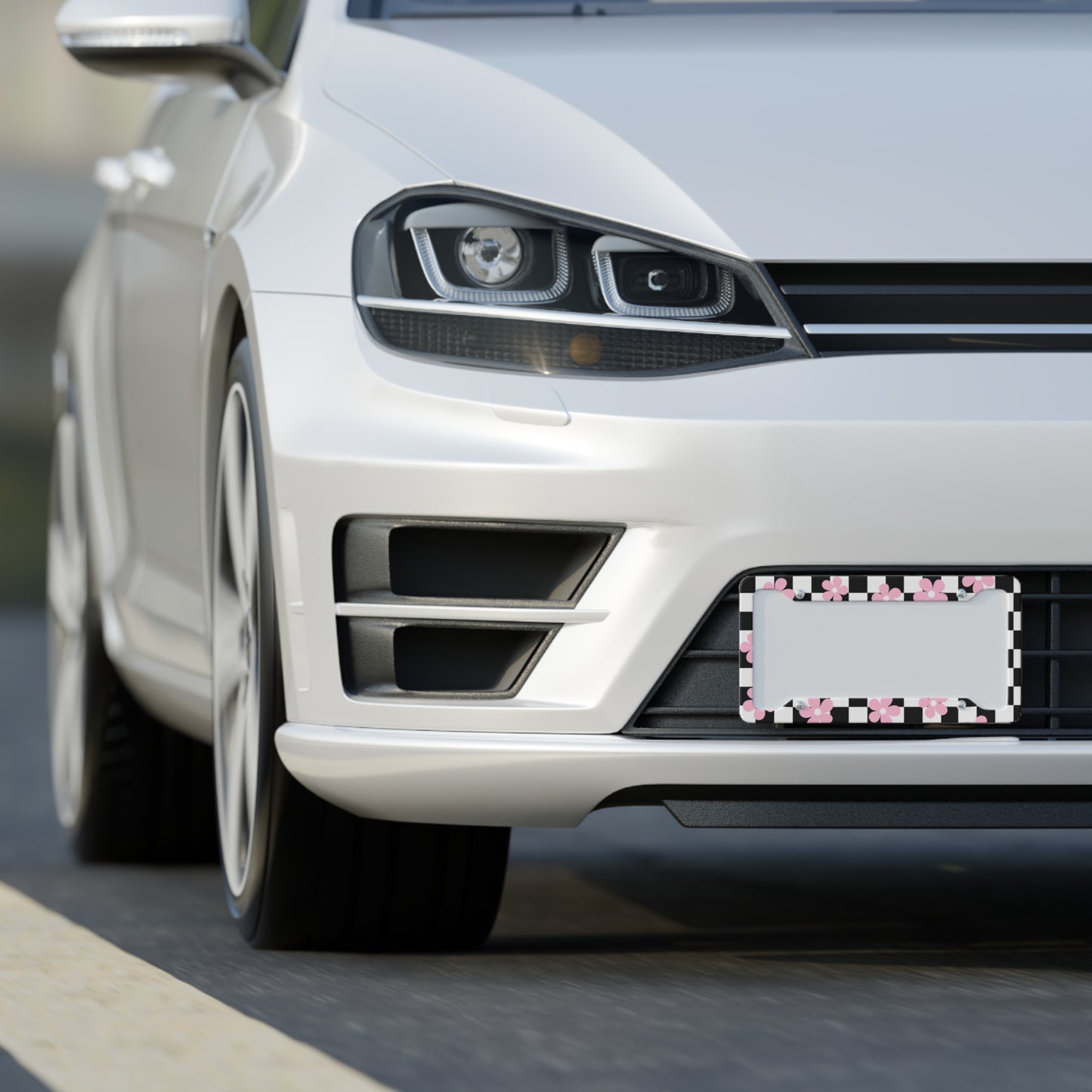 Pink Daisy Black Checkered Board Flower License Plate Frame BabeDriven