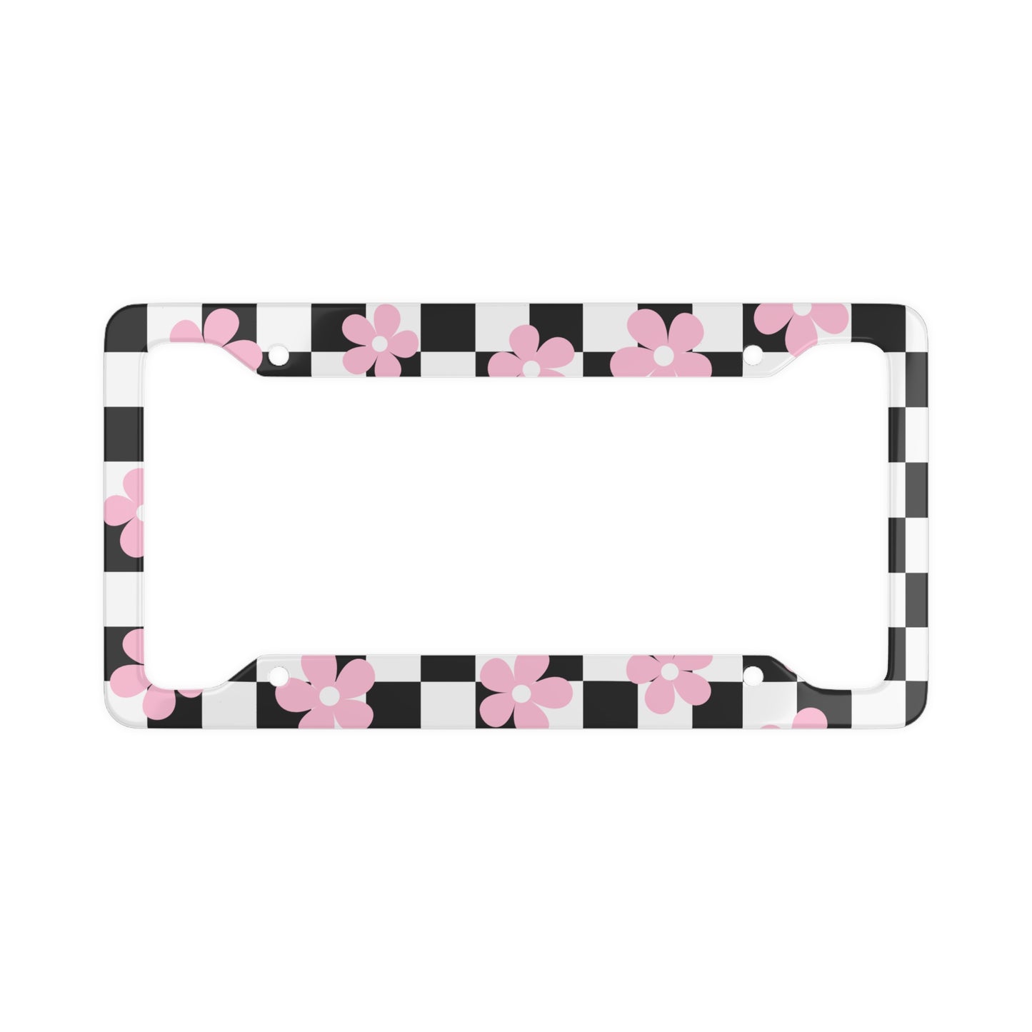 Pink Daisy Black Checkered Board Flower License Plate Frame BabeDriven