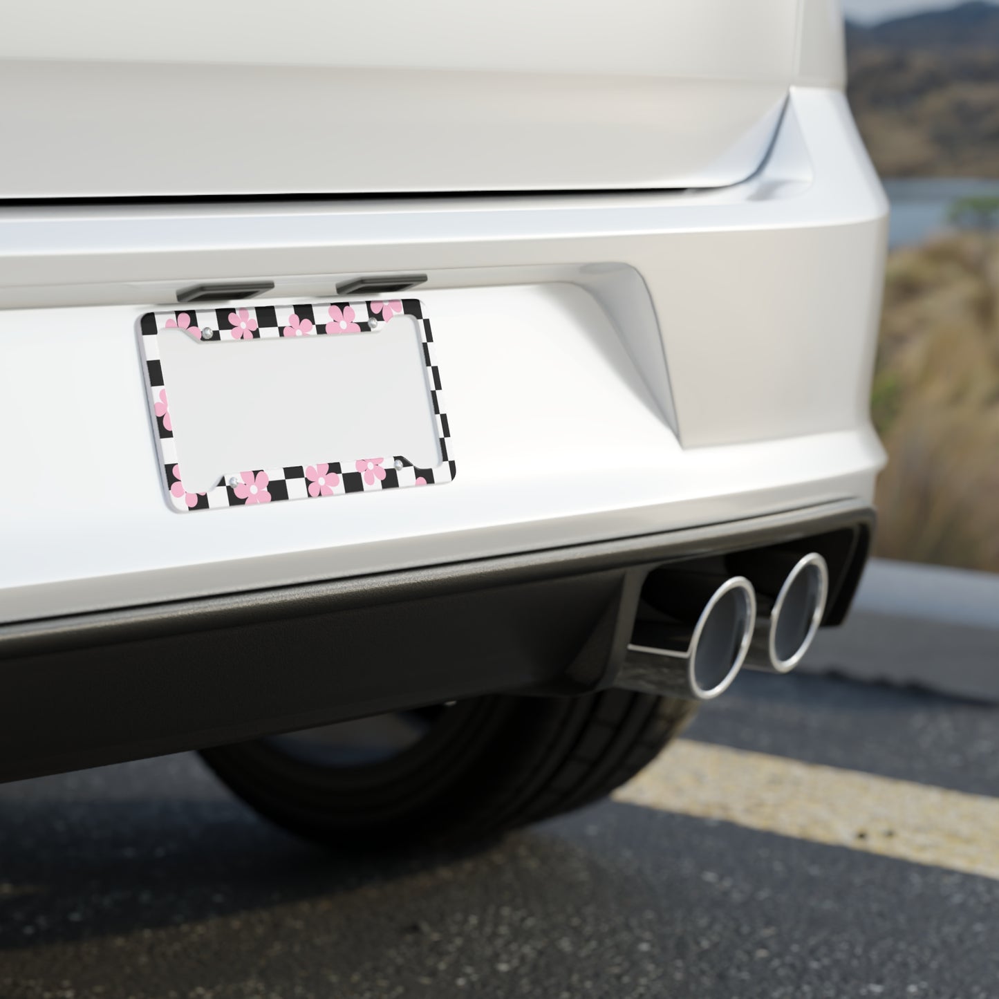 Pink Daisy Black Checkered Board Flower License Plate Frame BabeDriven