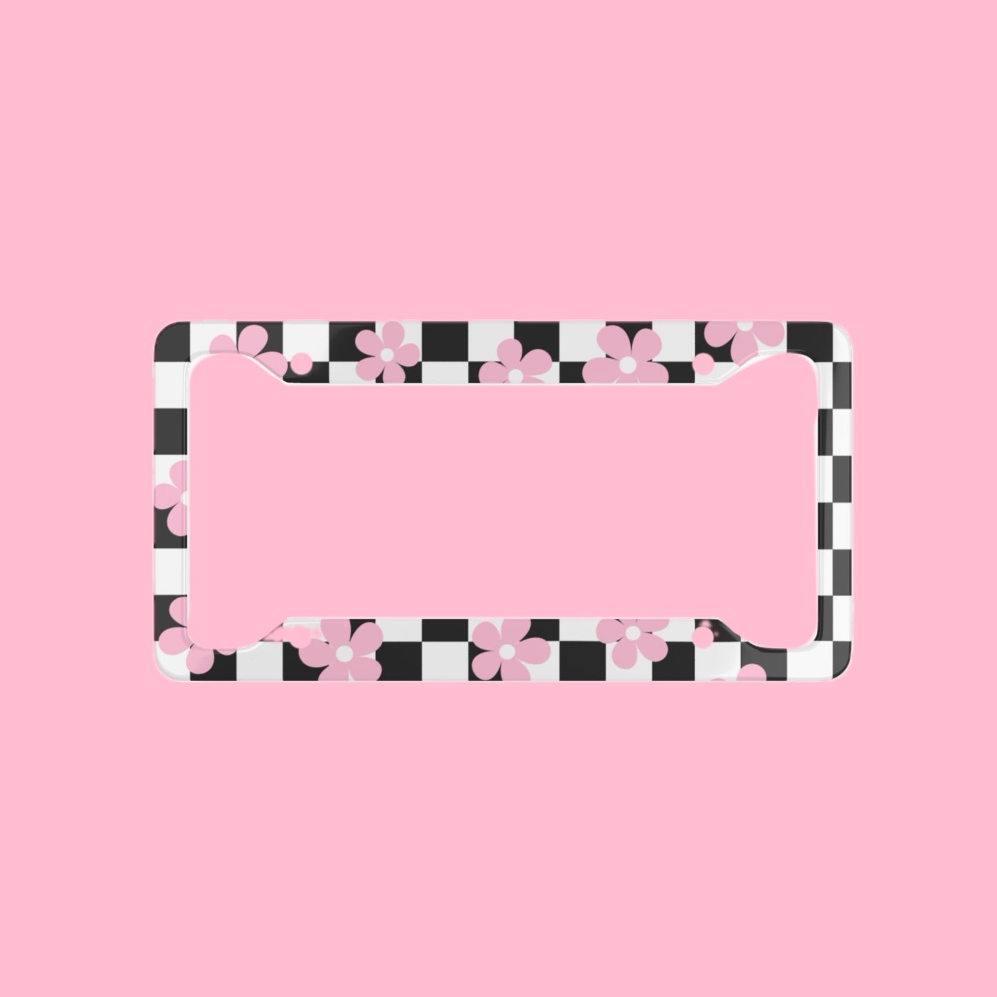 Pink Daisy Black Checkered Board Flower License Plate Frame BabeDriven